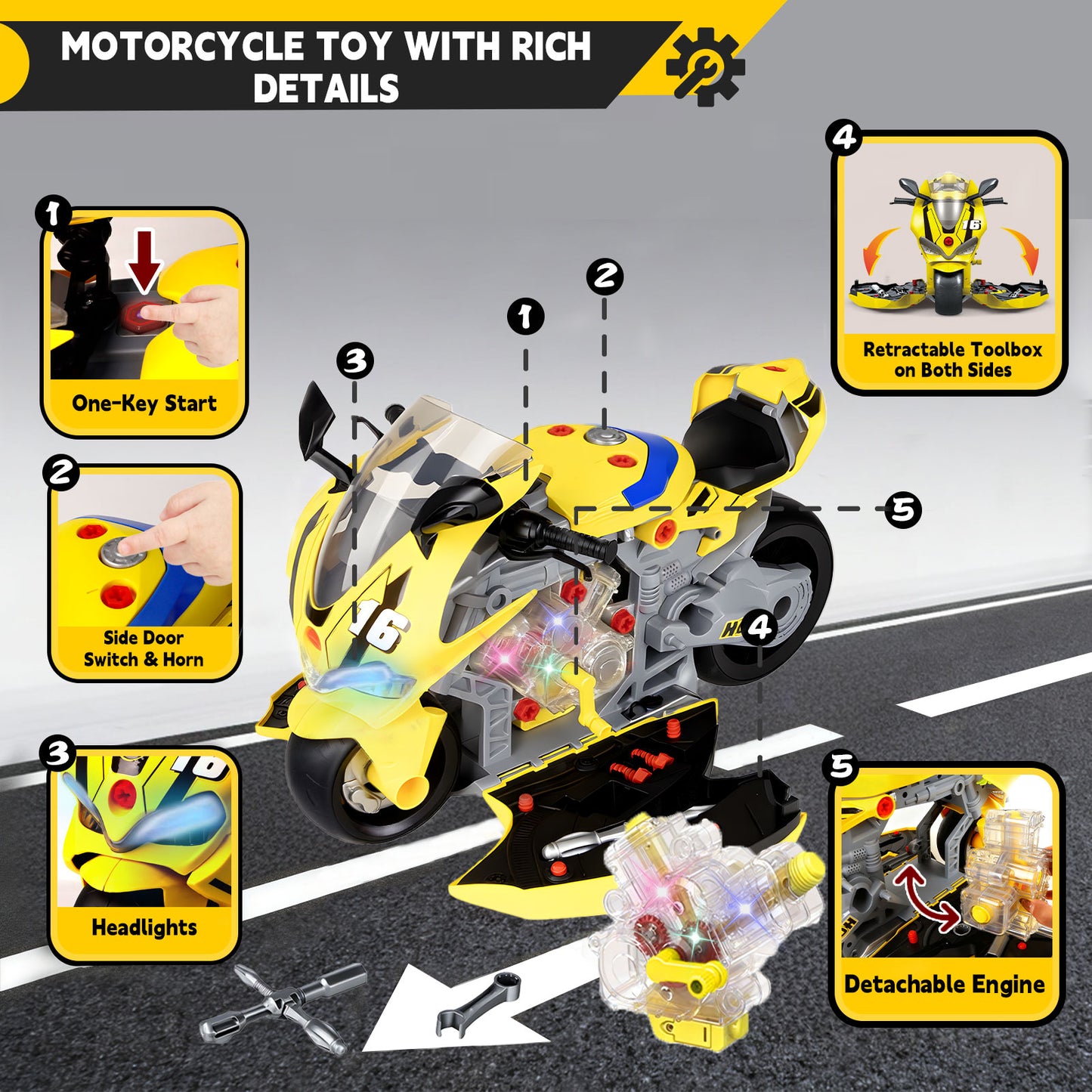 JoySpark Toys Take Apart Motorcycle Toys Kids Mechanic Repair Set for Toddlers 3-5, Interactive Toy Engine Building Kit with Sounds, Lights & Spray, STEM Educational Gift Toys for 3 4 5 6 7 Year Old Boys Girls